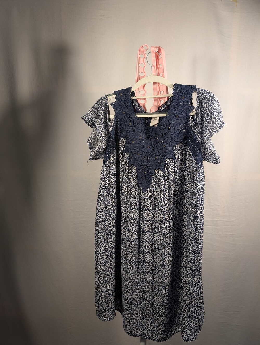 Knox Rose Large Boho Dress Off Shoulder Crochet Lace Floral Navy